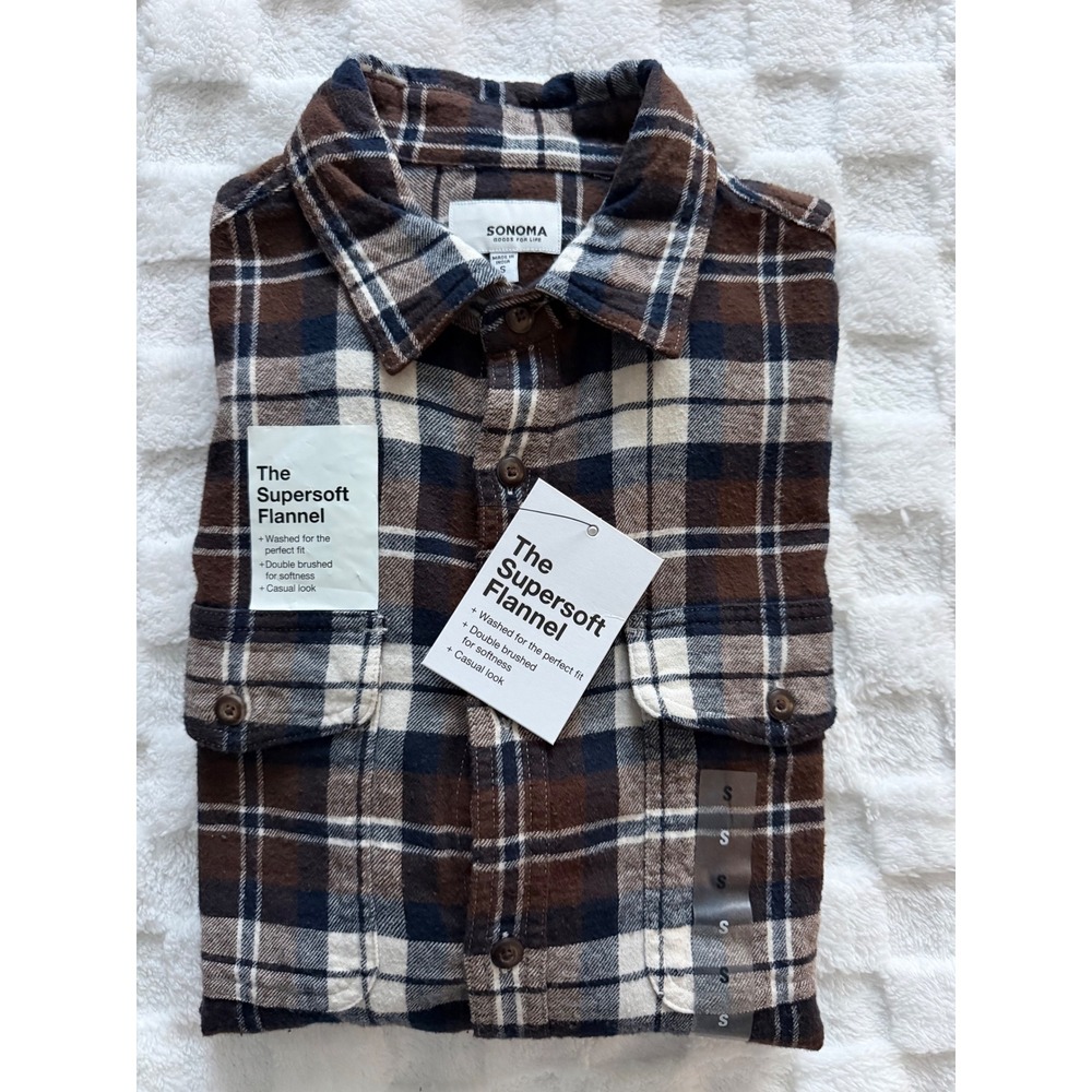 NWT- Sonoma Mens Supersoft Flannel Shirt Brown/Navy Blue Plaid Small